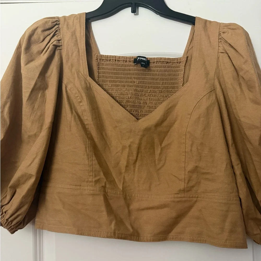 Express Puff Sleeve Linen blend brown shirt with smocked back EUC - Picture 3 of 6